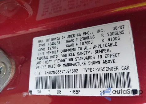 2007 Honda Accord 3.0 Ex z USA, uszkodzony, nr VIN 1HGCM66557A094602